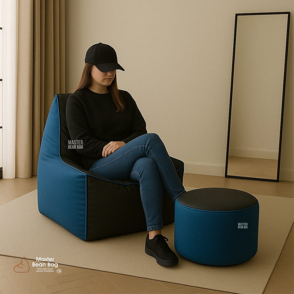 5XL PREMIUM BLACK AND BLUE SOFA BEAN BAG WITH FOOTREST
