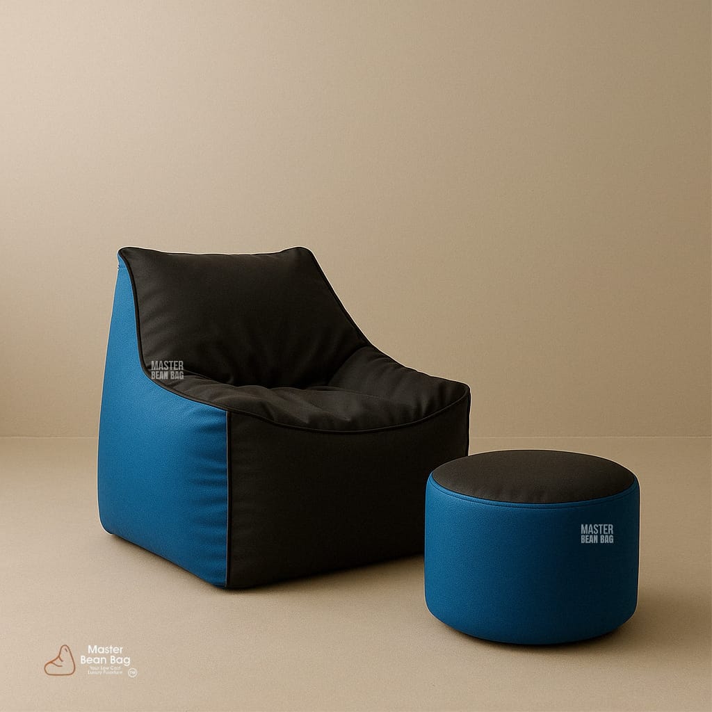 5XL PREMIUM BLACK AND BLUE SOFA BEAN BAG WITH FOOTREST