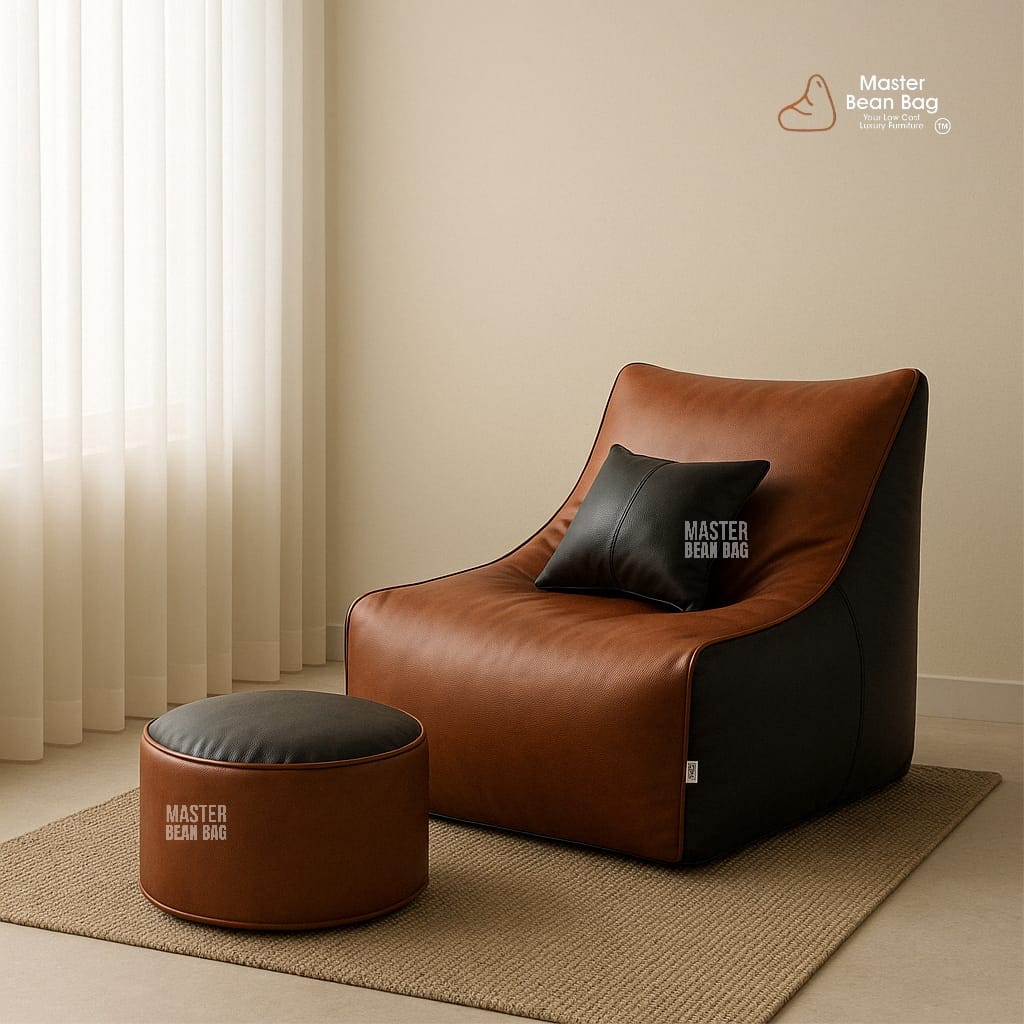 5XL PREMIUM DARK TAN AND BLACK LOUNGER SOFA WITH FOOTREST AND PILLOW