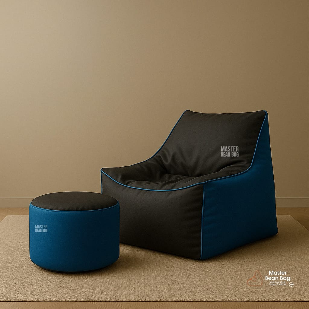 5XL PREMIUM BLACK AND BLUE SOFA BEAN BAG WITH FOOTREST