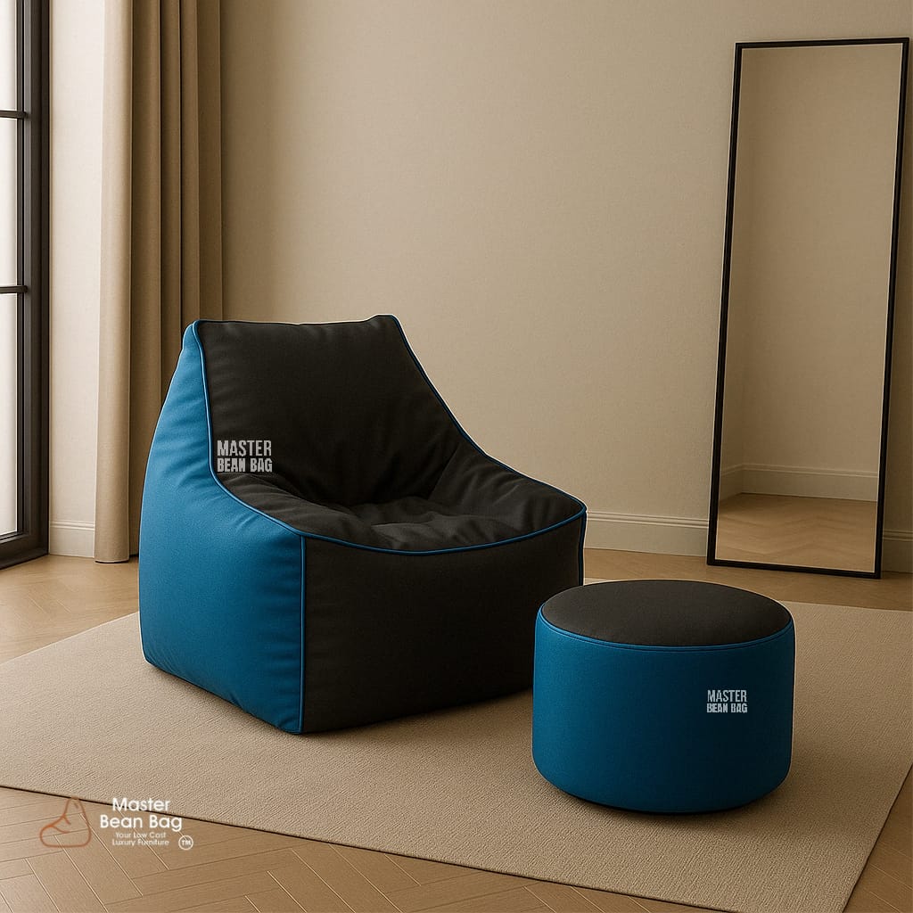 5XL PREMIUM BLACK AND BLUE SOFA BEAN BAG WITH FOOTREST