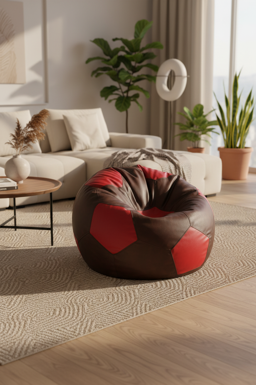 5XL Export Quality Football Bean Bag – Red & Light Brown | Export Grade Leatherette (Filled)