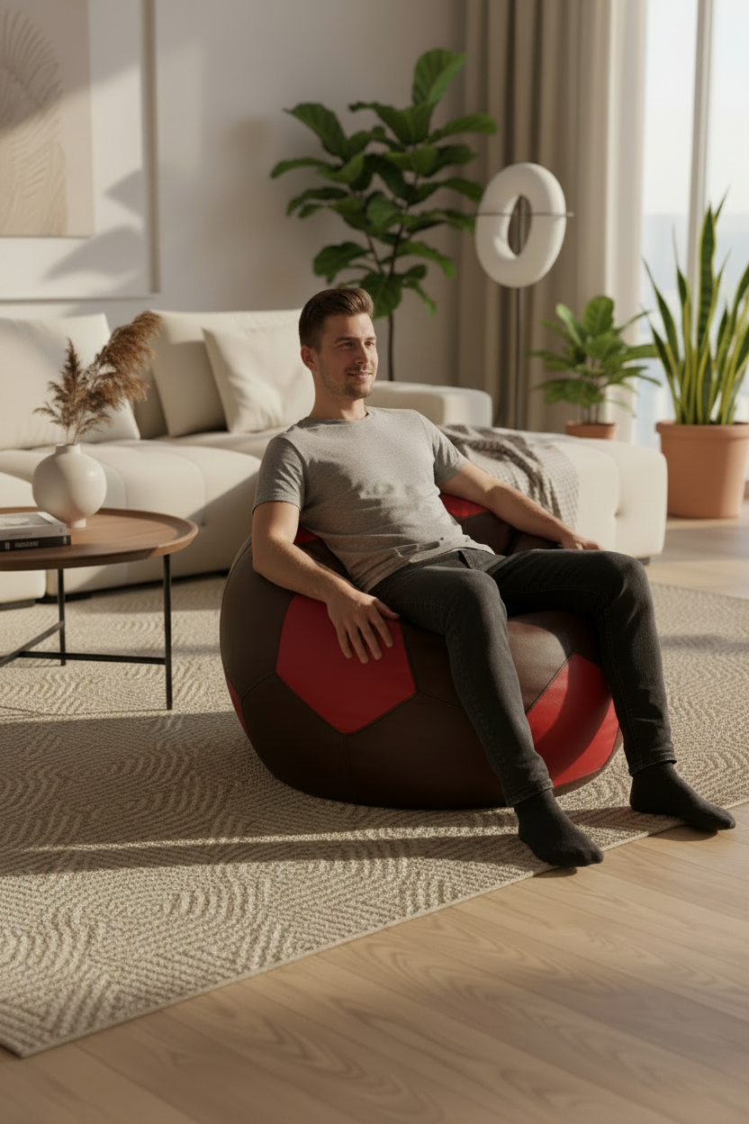 5XL Export Quality Football Bean Bag – Red & Light Brown | Export Grade Leatherette (Filled)